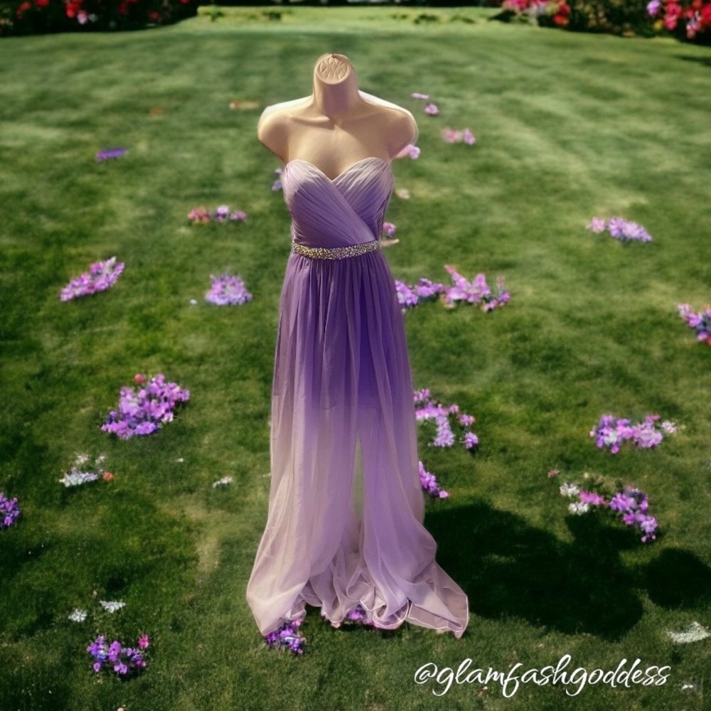 La Femme Wisteria Purple White Lavender Ombré Jeweled Stunning Strapless Dress 6